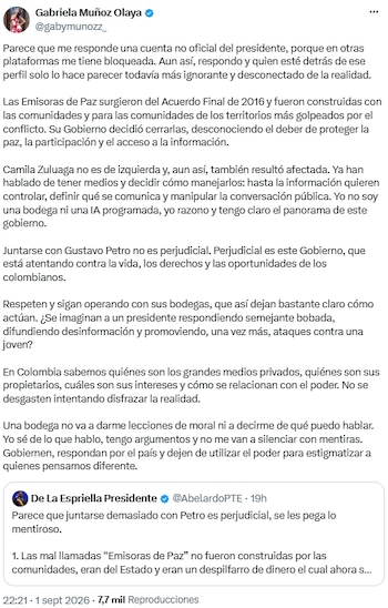 Gabriela Muñoz acusó al Gobierno de restringir voces críticas tras la suspensión de las Emisoras de Paz - crédito @gabymunozz_/X