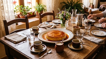 Flan de caramelo en un plato grande sobre una mesa de madera con tazas de café, vasos con agua, cubiertos y servilletas de tela.