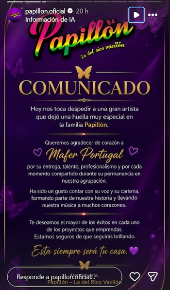 Publicación de Instagram del usuario Papillon.oficial con un comunicado en letras doradas sobre un fondo morado que menciona a Mafer Portugal