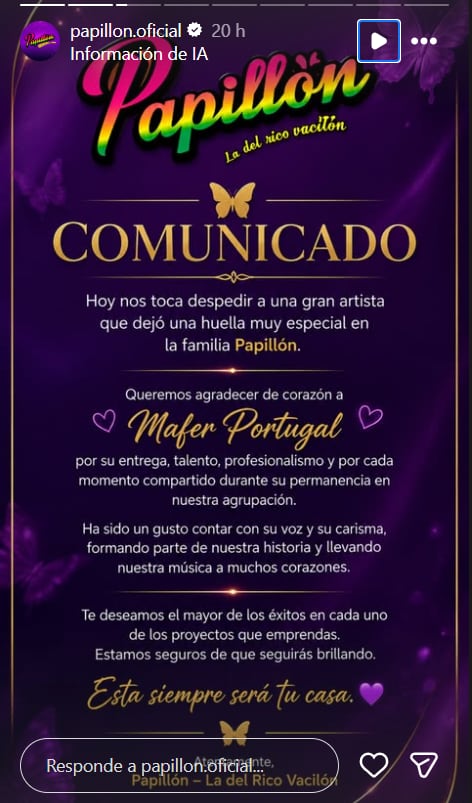 La orquesta Papillón difunde un comunicado en redes sociales para agradecer la contribución de Mafer Portugal, quien renunció a la agrupación.