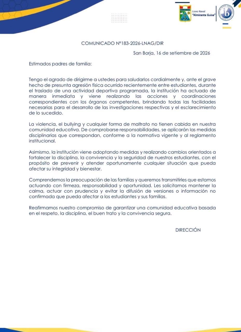 El Liceo Naval Almirante Guise de San Borja informó mediante un comunicado que coordina con las autoridades para esclarecer una presunta agresión ocurrida entre estudiantes. (fb/@LNAlmiranteGuise)