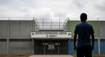 Fachada del Centro Penitenciario Judicial El Rodeo I, con muro de concreto gris, rejas altas y alambre de púas. Un hombre de espaldas mira la entrada.