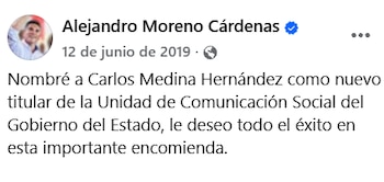 Publicación de Alito Moreno en Facebook, confirmando la designación de Carlos Alberto, quien ya fue detenido. Crédito: Facebook - Alejandro Moreno Cárdenas