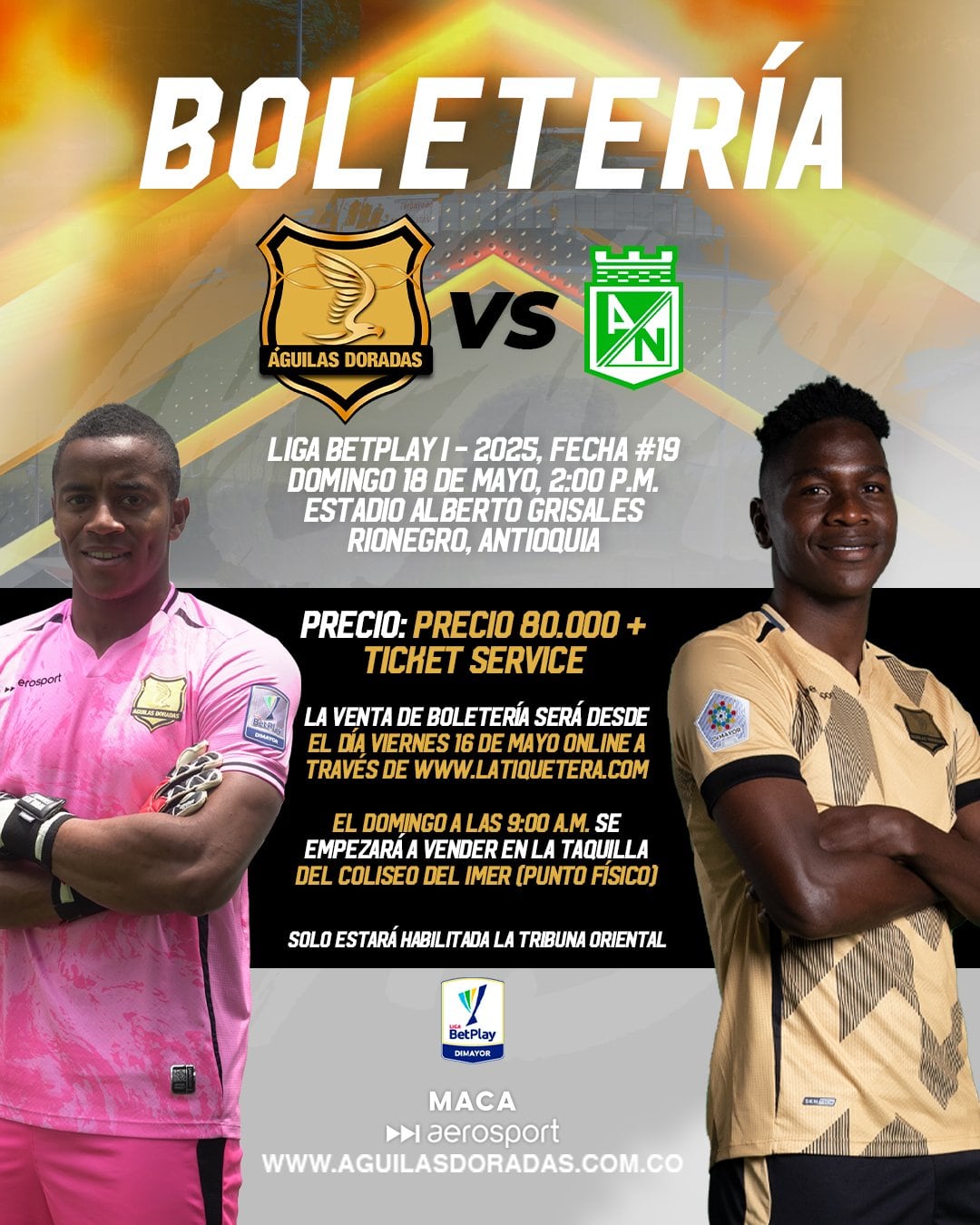 Así será la venta de boletería en Rionegro para el partido de Águilas Doradas vs. Atlético Nacional - crédito Águilas Doradas