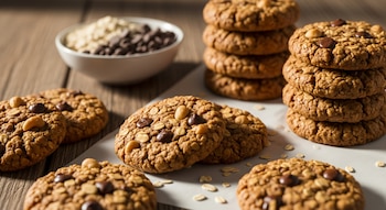 Varias galletas proteicas caseras con avena, chispas de chocolate y anacardos sobre papel de horno, con un tazón de ingredientes y pilas de galletas al fondo.