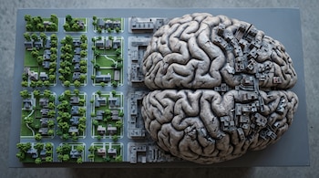 Maqueta con casas y árboles a la izquierda, edificios grises al centro y una escultura de un cerebro con miniaturas de construcciones a la derecha.