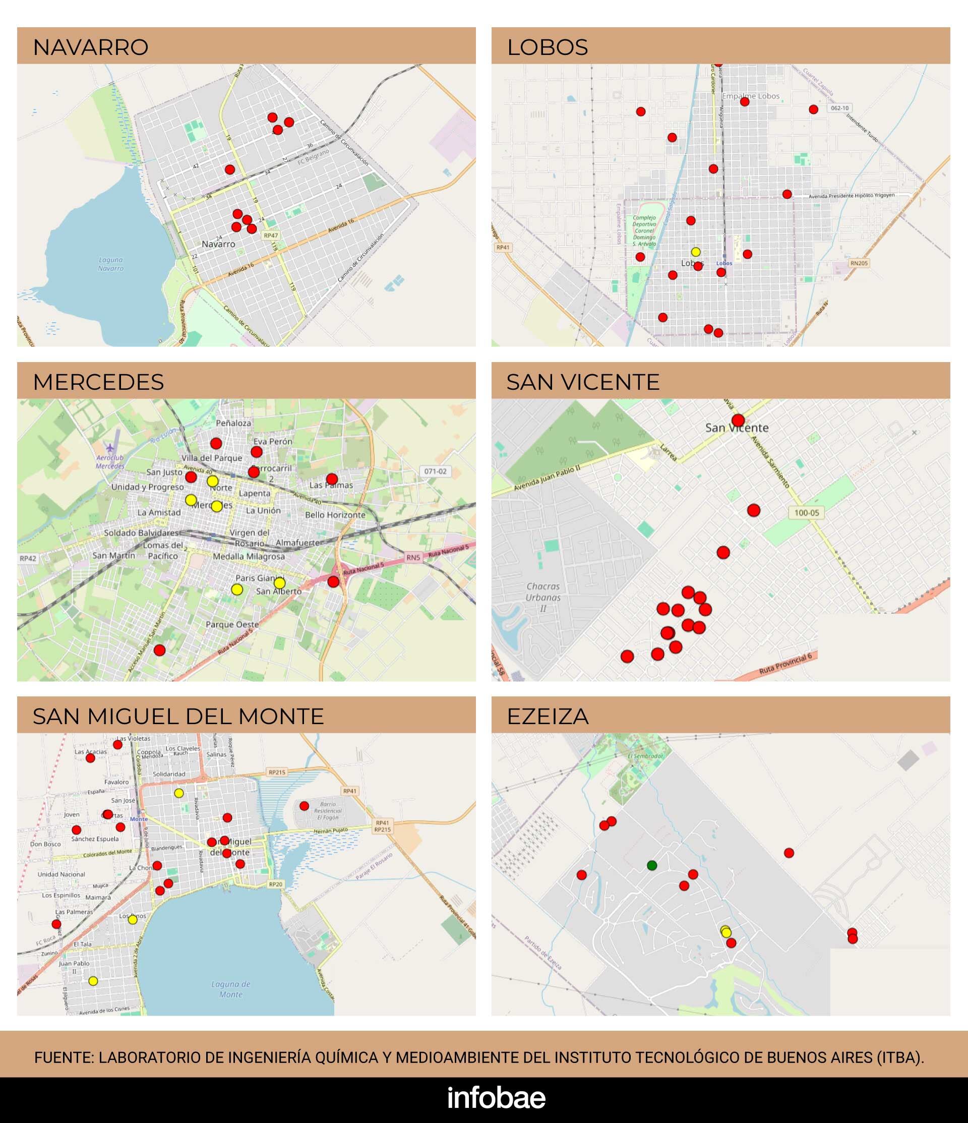 Los partidos de Navarro, Lobos, Mercedes, San Vicente, San Miguel del Monte y Ezeiza, con los números en rojo que indican valores de más de 50 ppb por caso