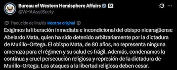 El Departamento de Estado de EE. UU. emitió una enérgica condena contra la dictadura nicaragüense (Cortesía: @WHAAsstSecty).