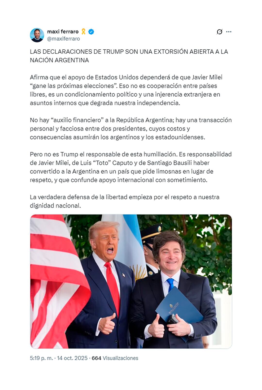 El duro tuit de Maximiliano Ferraro sobre el almuerzo entre Milei y Trump
