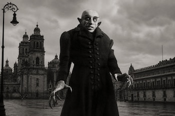 Figura del vampiro Nosferatu en blanco y negro, con abrigo oscuro y garras largas, situada en la plaza del Zócalo de la Ciudad de México.