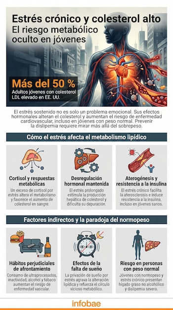 Infografía detallada sobre el estrés crónico y colesterol alto, mostrando un cuerpo humano, sistema vascular, y diagramas explicativos sobre sus efectos y hábitos.