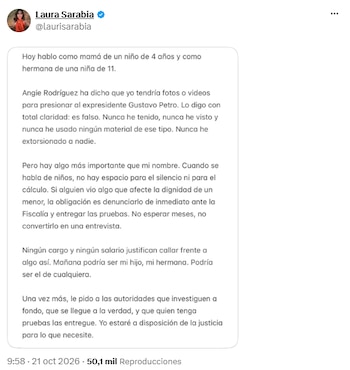 “Nunca he extorsionado a nadie”, la respuesta de Laura Sarabia a Angie Rodríguez - crédito @laurisarabia/X