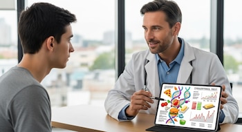 Un médico explica un test de colesterol a un paciente joven usando una tableta. La pantalla muestra gráficos de ADN, resultados y alimentos ricos en grasas.
