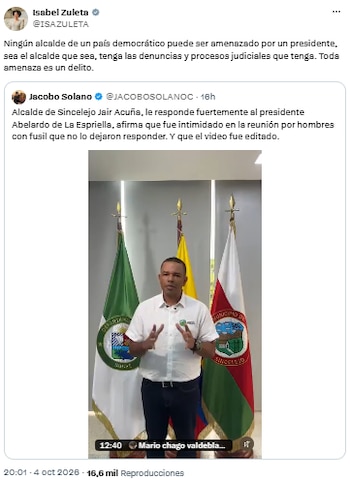 Isabel Zuleta cuestionó el cruce entre Abelardo de la Espriella y Yahir Acuña por los recursos de Sincelejo - crédito @ISAZULETA/X