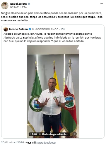 Isabel Zuleta cuestionó el cruce entre Abelardo de la Espriella y Yahir Acuña por los recursos de Sincelejo - crédito @ISAZULETA/X