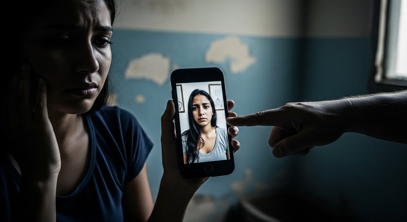 Una mujer angustiada sujeta un teléfono móvil que ilustra el chantaje con material íntimo que sufren mujeres en Centroamérica, bajo el señalamiento de una mano. (Imagen Ilustrativa Infobae)