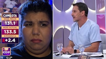 Pantalla dividida: Camilota con gesto serio; junto a ella, un cartel con "Peso Actual 133.5"; a la derecha, el Dr. Sergio Verón con ambo celeste en un set.