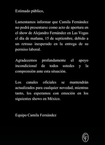 Texto blanco sobre fondo negro de un comunicado emitido por el equipo de Camila Fernández sobre la cancelación de su concierto en Las Vegas