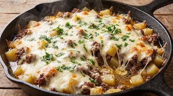Sartén de hierro con carne molida, papas en cubos, queso blanco derretido y cilantro fresco picado, humeante sobre mesa de madera.