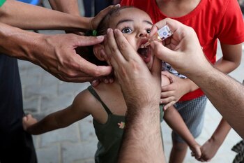 FOTO DE ARCHIVO. Una niña palestina es vacunada contra la polio, en un centro sanitario de Naciones Unidas en Deir Al-Balah, en el centro de la Franja de Gaza (REUTERS/Ramadan Abed)