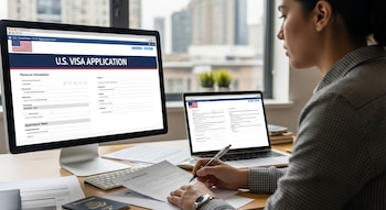 Una mujer completa formularios en computadora y laptop con texto U.S. Visa Application, junto a un pasaporte y documentos sobre un escritorio.