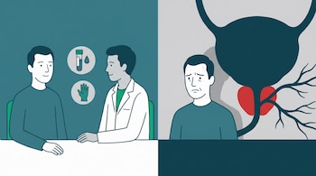 Ilustración editorial plana dividida en dos: un hombre sereno con un médico y símbolos de pruebas; al lado, el mismo hombre preocupado con una próstata agrandada.