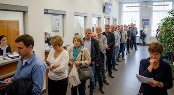 Vista interior de una sucursal bancaria con una larga fila de adultos esperando frente a los mostradores de atención al cliente.
