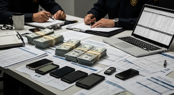 Pilas de billetes de cien dólares, teléfonos celulares, una laptop, documentos bancarios y agentes desenfocados en una mesa de investigación.