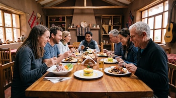 Siete personas comen en una mesa de madera. Platos con ceviche, causa y lomo saltado. Vasos con bebidas. Paredes rústicas con ventanas y adornos