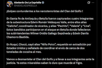 El presidente Abelardo De la Espriella confirmó una operación simultánea contra el Clan del Golfo en los departamentos de Antioquia y Chocó - crédito @ABDELAESPRIELLA / X