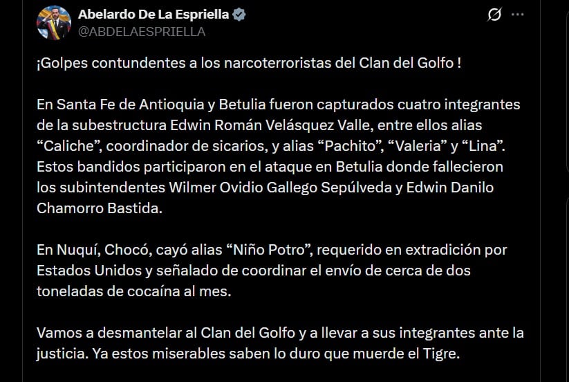El presidente Abelardo De la Espriella confirmó una operación simultánea contra el Clan del Golfo en los departamentos de Antioquia y Chocó - crédito @ABDELAESPRIELLA / X