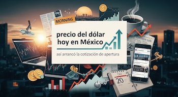 Laptop con gráficos bursátiles, teléfono, gráficos de barras y líneas, monedas de dólar, calendario, taza de café, periódico, amanecer, robot de limpieza.