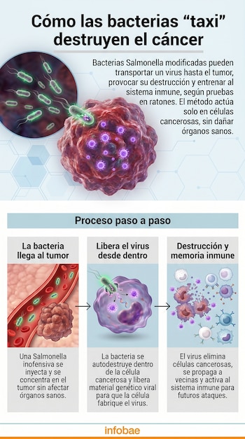 Infografía que ilustra el proceso de bacterias Salmonella modificadas transportando un virus a un tumor canceroso para destruirlo y activar el sistema inmune.