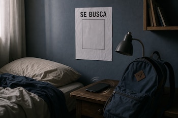 Un cartel con el texto SE BUSCA cuelga de la pared junto a un teléfono celular vibrando, una mochila azul y una cama.