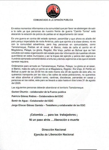 Santander permanece en alerta por un comunicado atribuido al ELN que anuncia un paro armado entre el 29 y el 31 de agosto de 2026 - crédito @jp_uma7/X