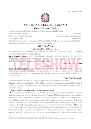 Documento judicial oficial de la Corte de Apelación de Milán. Presenta el emblema de la República Italiana y texto en italiano con los nombres de Wanda Nara y Mauro Icardi