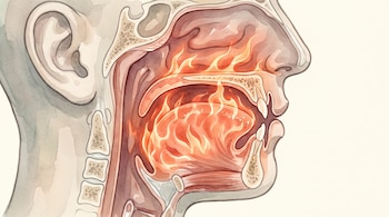 Corte sagital de una cabeza humana con oído, nariz, boca y cavidad nasal en llamas. Se observan huesos del cráneo, garganta y vértebras.
