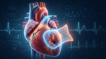 Representación 3D de un corazón humano con un parche de malla azul brillante en un lado, sobre un fondo oscuro con circuitos electrónicos y una onda de ECG luminosa.