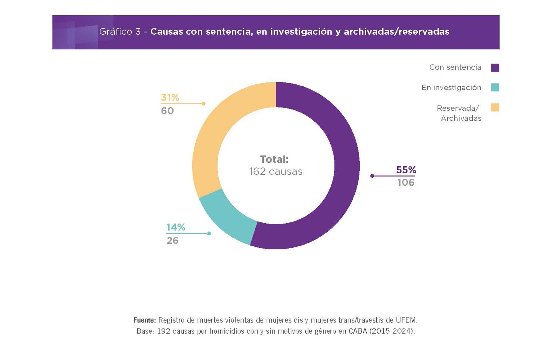 Causas con sentencia, en investigación y archivadas/reservadas, de acuerdo a las cifras que arrojó el informe de la UFEM.