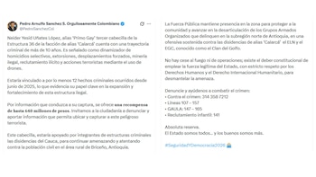 El ministro de Defensa de Colombia señaló que alias Primo Gay es líder de la estructura 36 de las disidencias, al mando de alias Calarcá - crédito @PedroSanchezCol/X