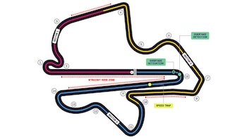 Diagrama de un circuito automovilístico numerado del uno al quince, dividido en tres sectores marcados con líneas rosa, amarilla y azul