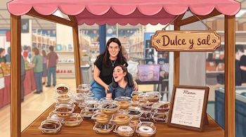 Ilustración de dos mujeres en un puesto de madera con un cartel que dice Dulce y sal, rodeadas de envases con donas y una carta de menú.