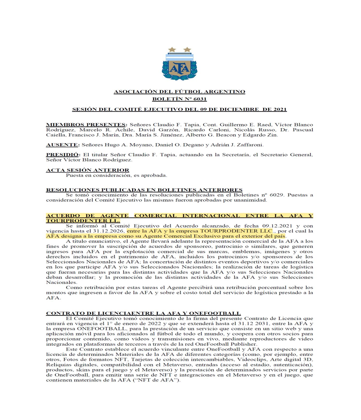 La orden del Comité Ejecutivo sobre el acuerdo con TourProdenter LLC