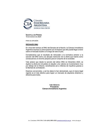 El comunicado de la Cámara