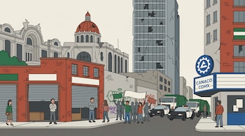 Ilustración plana de una calle en el Centro Histórico de CDMX con edificios dañados, manifestantes, camiones y patrullas bloqueados, y comercios con cortinas bajas.
