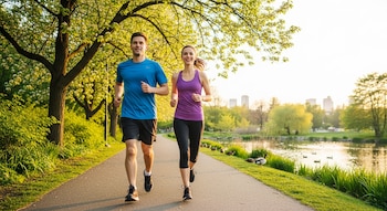 Una pareja de adultos sonriente, un hombre con camiseta azul y una mujer con top morado, corre por un sendero de un parque con árboles, un lago y edificios al fondo.