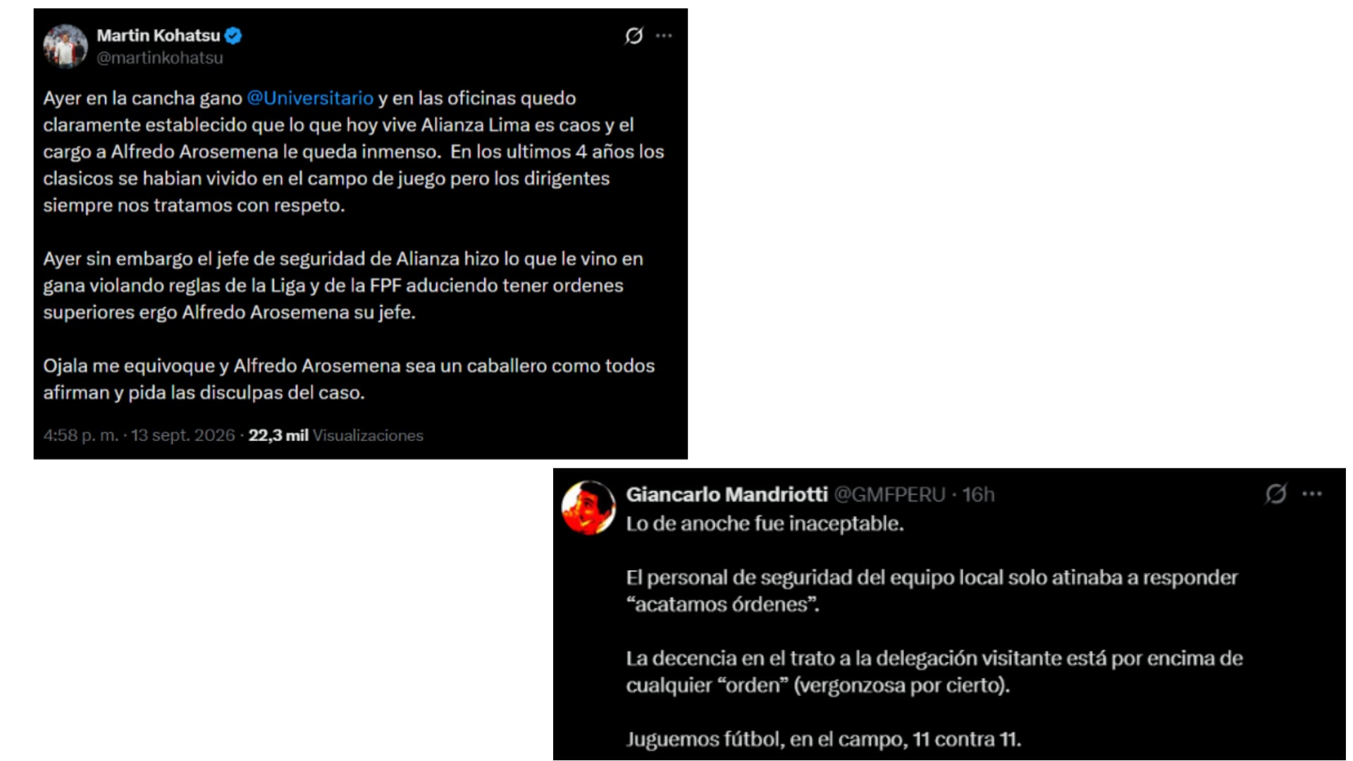 La parte legal de Universitario acusó a Alfredo Arosemena, administrador de Alianza Lima, de ser el causante del maltrato en Matute.