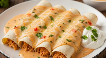 Cuatro enchiladas de pollo en plato blanco, cubiertas con salsa cremosa de chipotle, queso derretido, trozos de chile rojo y cilantro. Acompañadas de crema agria.