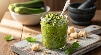 Un tarro de cristal con pesto de calabacín y una cuchara metálica, rodeado de hojas de albahaca, piñones, trozos de pan, queso y calabacines en una tabla de madera.
