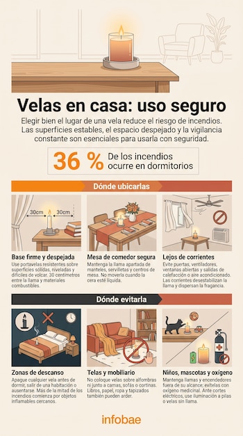 Infografía con ilustraciones de velas encendidas en mesas, dormitorios y salas, con textos de advertencia y porcentajes de incendios.